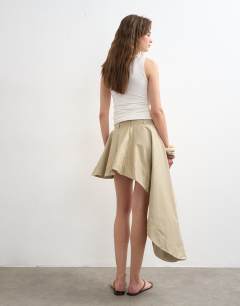 Model wearing Poplin asymmetric mini skirt in stone