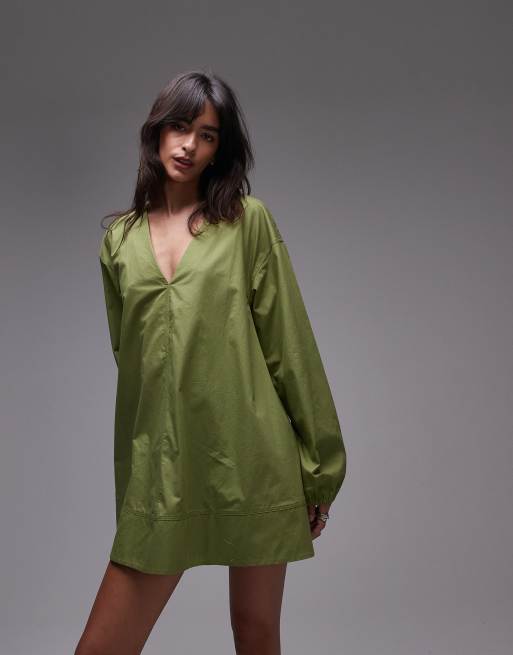 Topshop poplin babydoll mini dress in green, 3 of 4