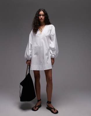 Topshop poplin babydoll mini dress in white