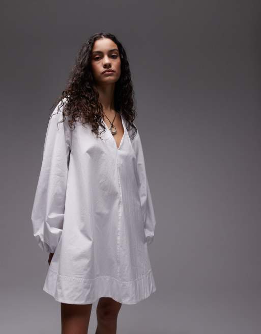 Topshop poplin babydoll mini dress in white