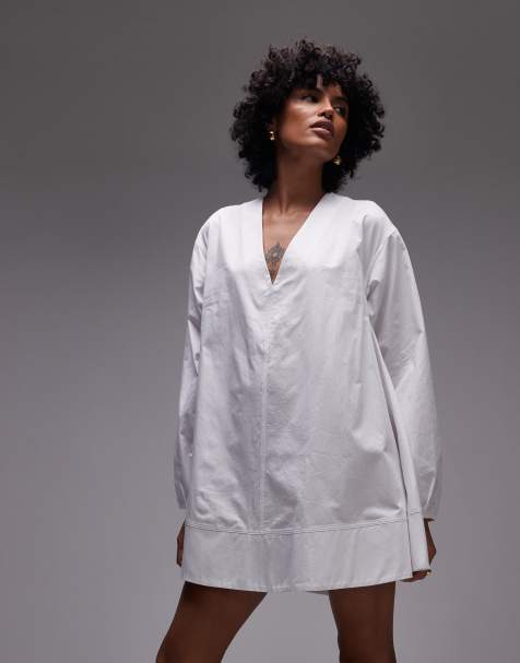 Topshop poplin babydoll mini dress in white - view 1