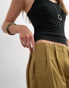 Model wearing Poplin balloon trouser in khaki