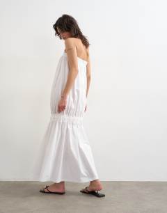 Model wearing Poplin bandeau super dropped waist maxi dress in white