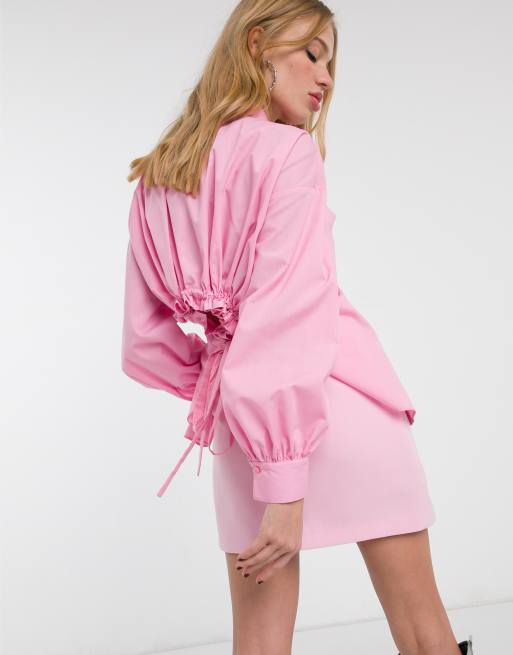 Topshop - Poplin blouse met ruches aan de achterkant in roze, 2 van 4