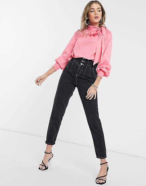 Topshop poplin blouse with pussybow tie in pink