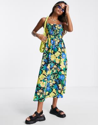 TOPSHOP POPLIN BOLD FLORAL SHIRRED STRAPPY MIDI DRESS IN MULTI