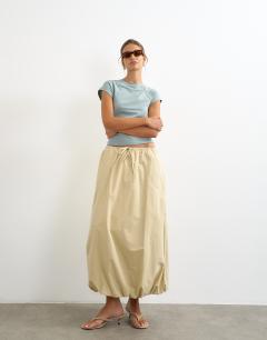 Model wearing Poplin bubble hem maxi skirt in stone