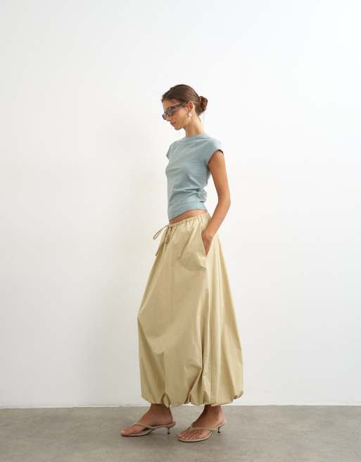 Topshop poplin bubble hem maxi skirt in stone, 3 of 5
