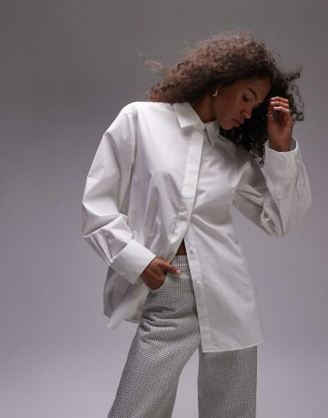 Topshop poplin buttoned cuff detail shirt in Ivory - view 1