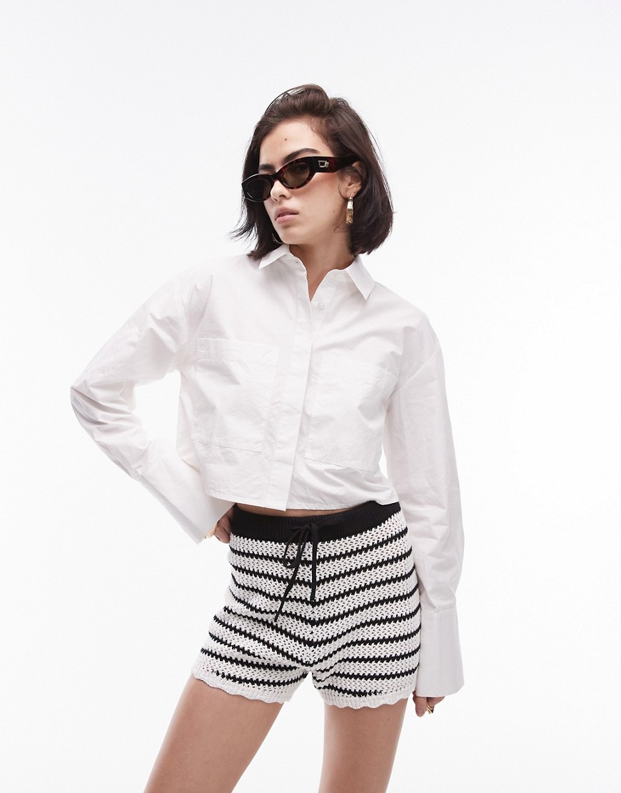 Topshop poplin cropped shirt in ivory-White