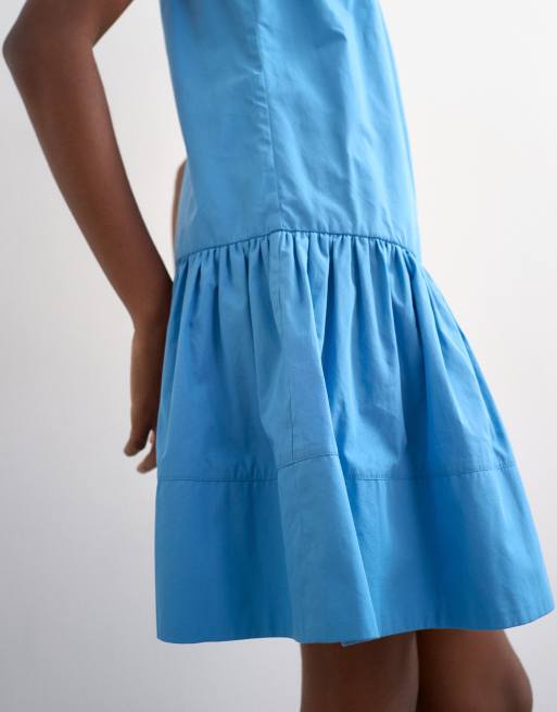 Topshop poplin dropped waist square neck mini chuck on sundress in blue, 3 of 4