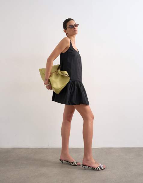 Topshop poplin dropped waist square neck mini dress in black - view 1