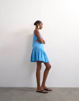 Topshop Poplin Dropped Waist Square Neck Mini Dress In Blue