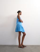 Topshop poplin dropped waist square neck mini dress in blue