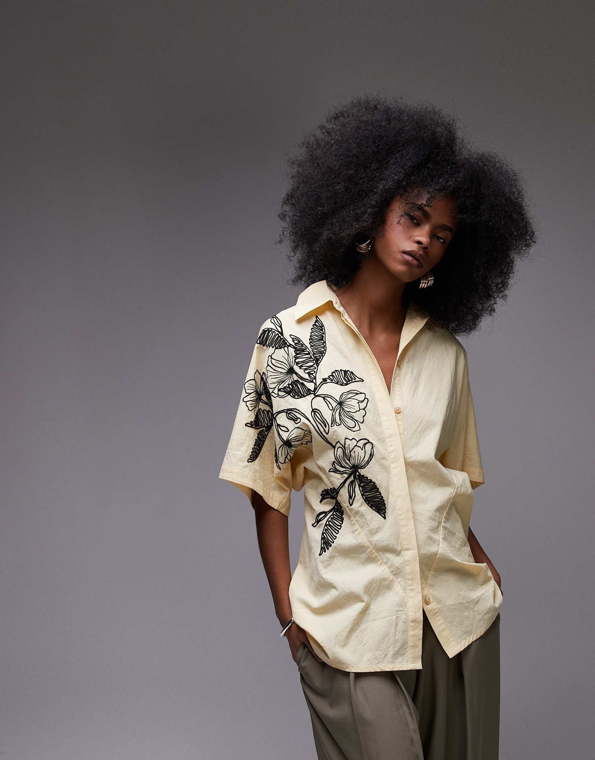 topshop poplin embroidered waisted shirt in buttermilk