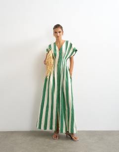 Poplin exaggerated shoulder maxi dress with cinched pintuck waist in green and white stripe