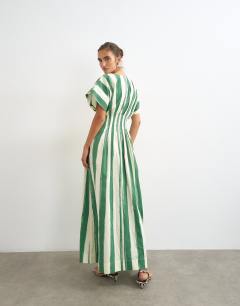 Model wearing Poplin exaggerated shoulder maxi dress with cinched pintuck waist in green and white stripe
