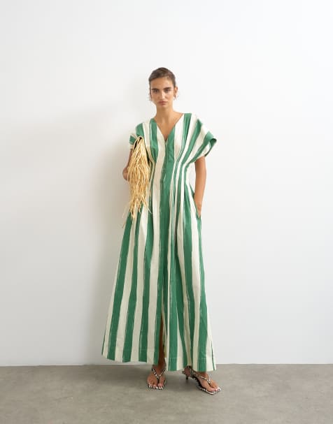 Topshop poplin exaggerated shoulder maxi dress with cinched pintuck waist in green and white stripes - view 1