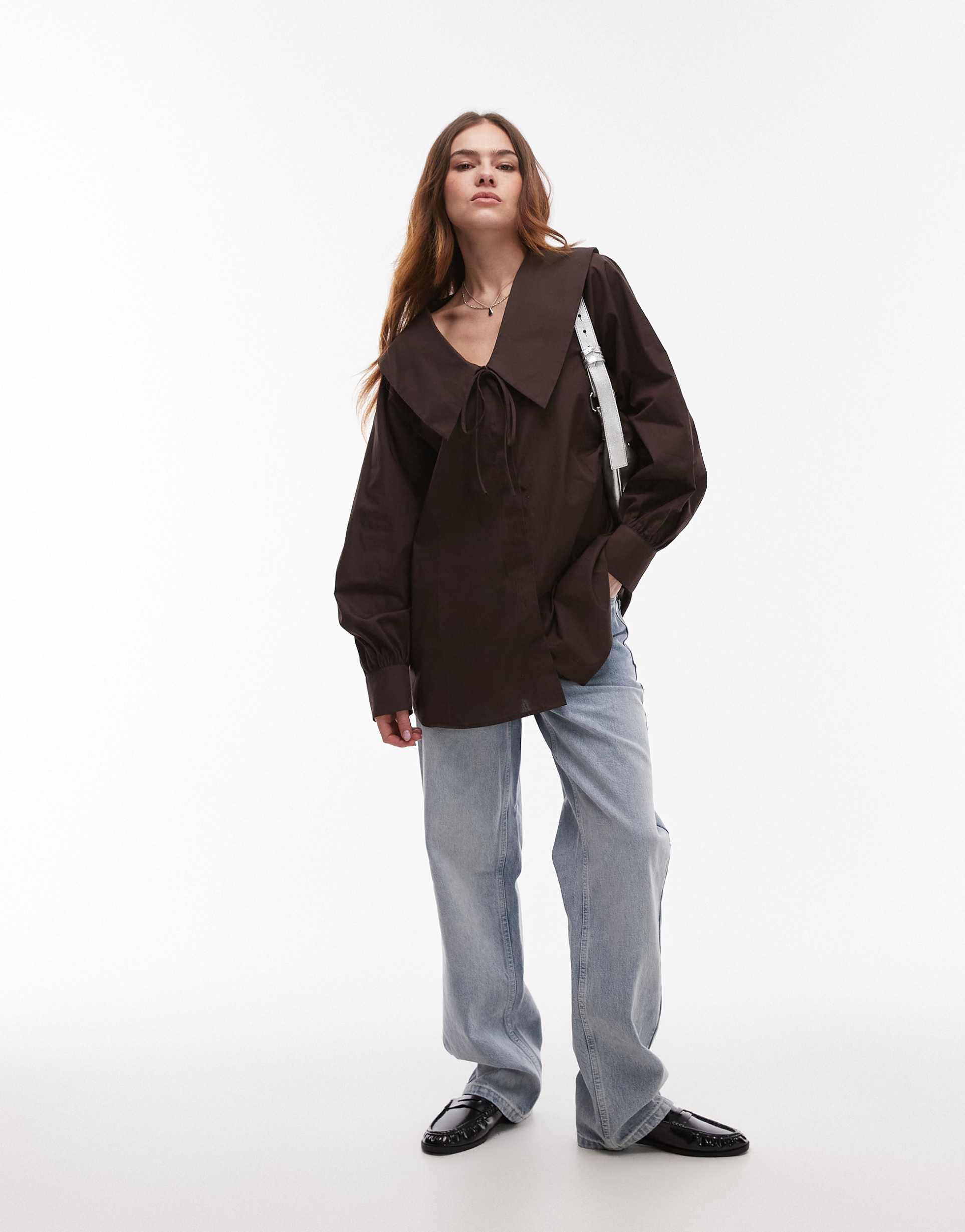 topshop poplin femme collar shirt in brown
