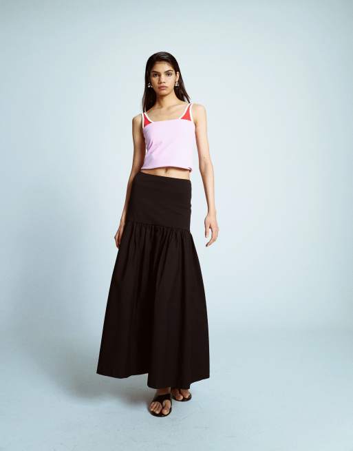 Topshop poplin full skirt with curved dropped waistband in