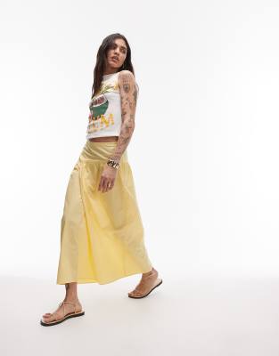 poplin full skirt with curved dropped waistband in yellow