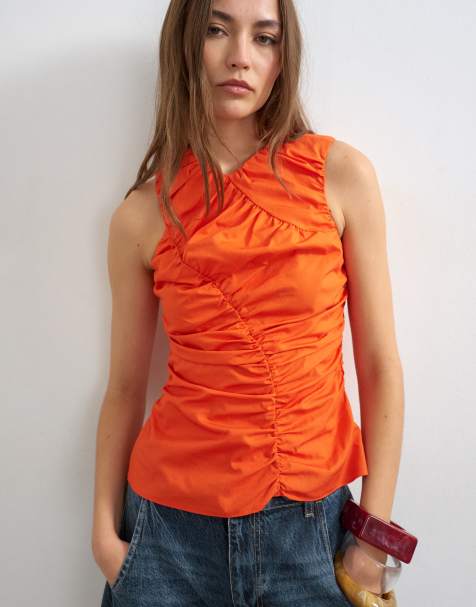 Topshop poplin gathered tank top in orange - view 1