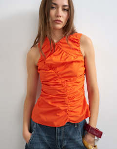 Poplin gathered tank top in orange