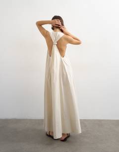 Poplin halter deep hem maxi trapeze dress in off white