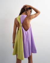 Topshop poplin halter deep hem mini trapeze dress in lilac and lime colour block