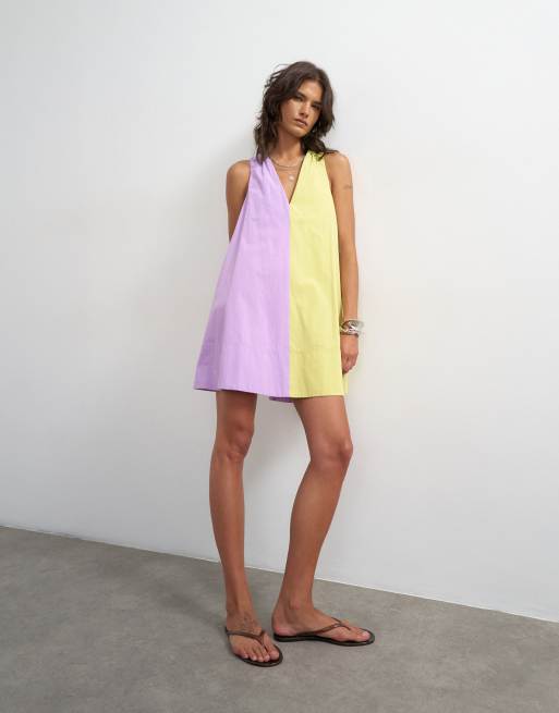 Topshop poplin halter deep hem mini trapeze dress in lilac and lime colour block, 2 of 4