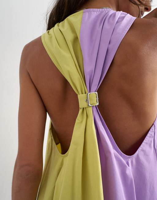 Topshop poplin halter deep hem mini trapeze dress in lilac and lime colour block, 3 of 4