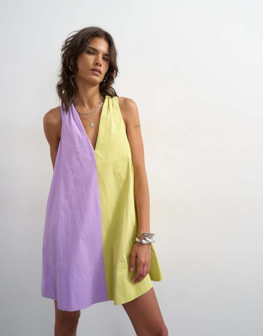 Topshop poplin halter deep hem mini trapeze dress in lilac and lime colour block, 4 of 4