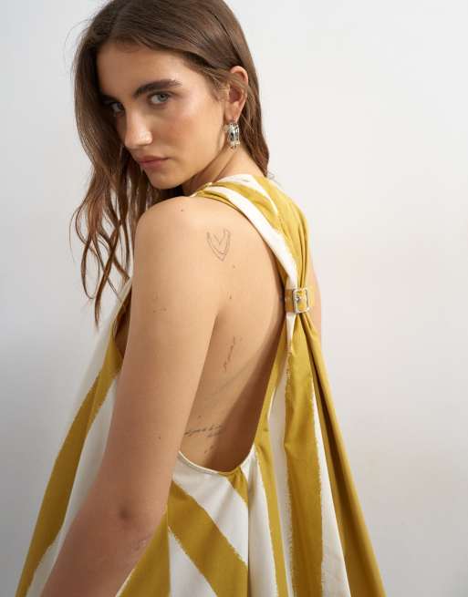 Topshop poplin halter deep hem mini trapeze dress in mustard contrast stripe, 3 of 4