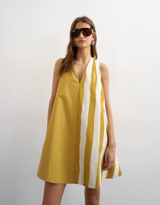 Topshop poplin halter deep hem mini trapeze dress in mustard contrast stripe, 4 of 4