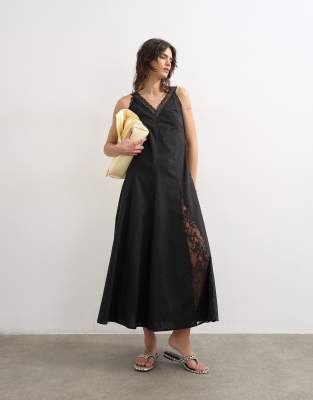 Topshop Poplin Lace Godet Midi Dress In Black