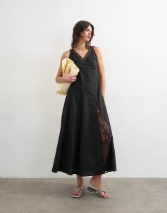 Poplin lace godet midi dress in black