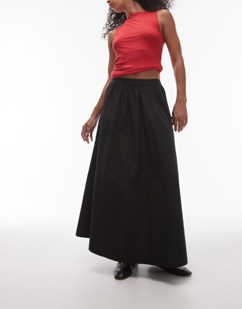 Topshop poplin midi full skirt in black - view 1