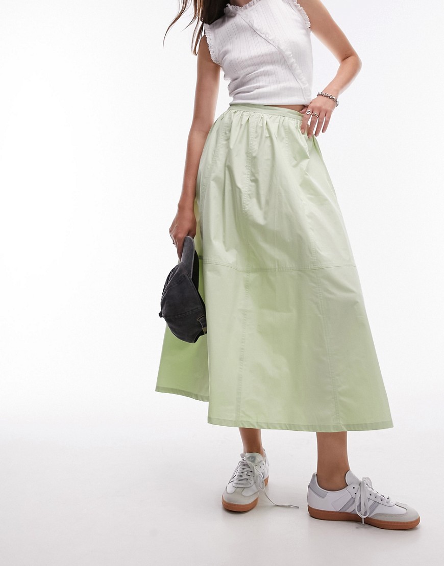 poplin midi full skirt in lime-Green