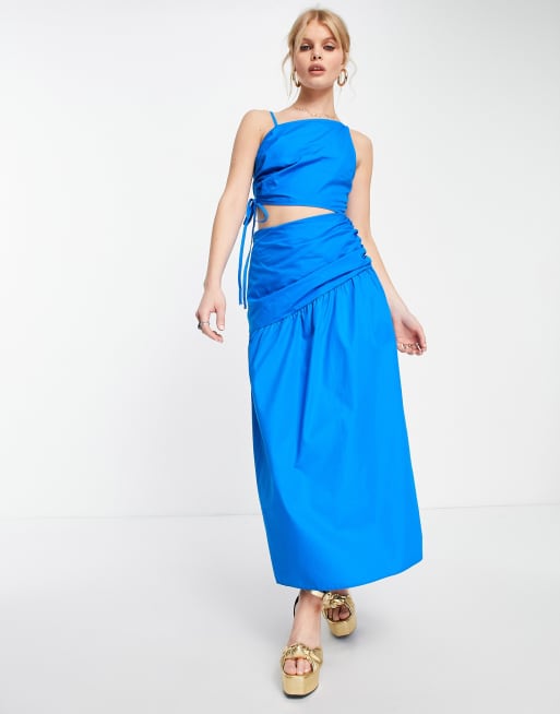 Topshop - Poplin midi jurk met gerimpelde taille met uitsnijding in kobaltblauw
