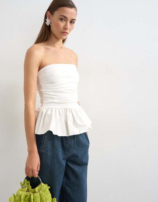 Topshop poplin mix peplum bandeau top in ivory | ASOS