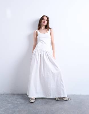 poplin mix scoop neck maxi dress in white