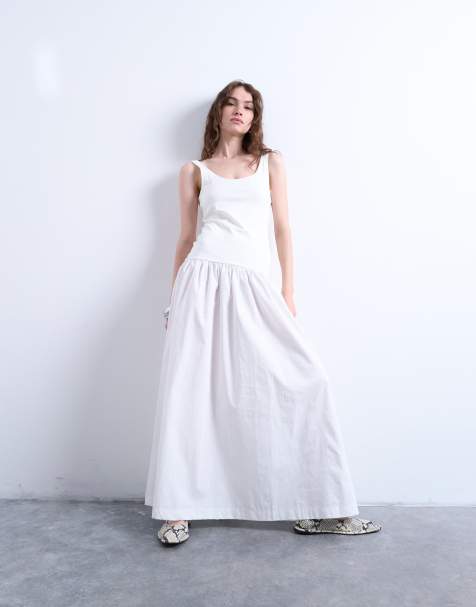 Topshop poplin mix scoop neck maxi dress in white - view 1
