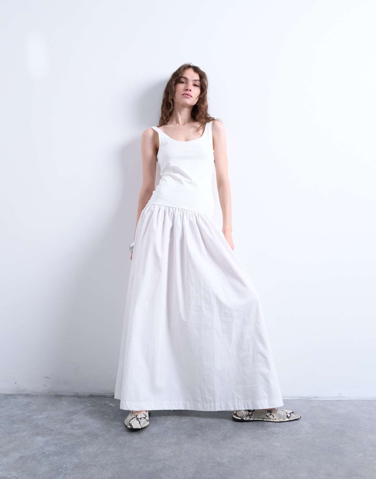 Topshop poplin mix scoop neck maxi dress in white