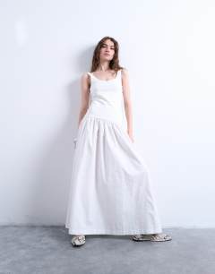 Poplin mix scoop neck maxi dress in white