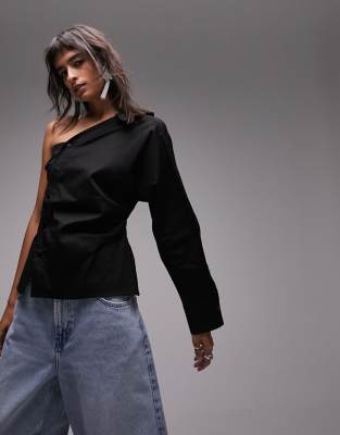 Topshop poplin one shoulder shirt in black | ASOS