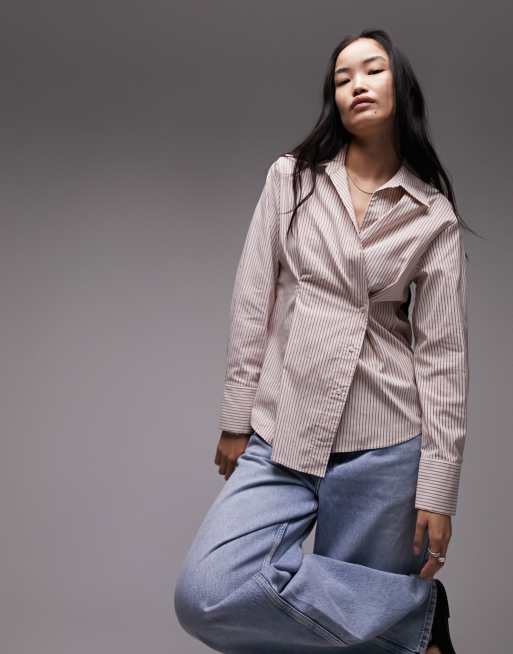 Topshop - Poplin overhemd met geplooid detail in ecru met rode strepen