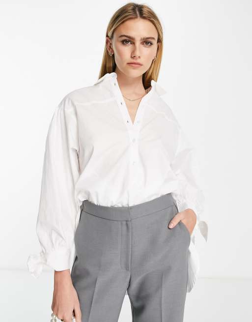 Topshop - Poplin overhemd met gestrikte mouwen in wit