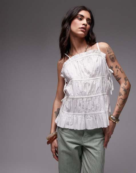 Topshop poplin pleated tiered cami top in ivory - view 1