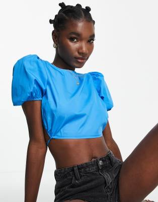 Topshop poplin puff sleeve tie back top in blue  - ASOS Price Checker