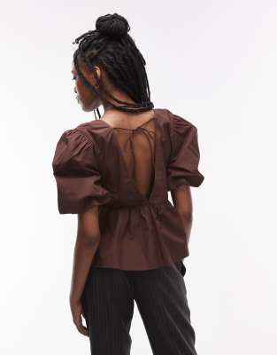Topshop Poplin Puff Sleeve Top In Brown